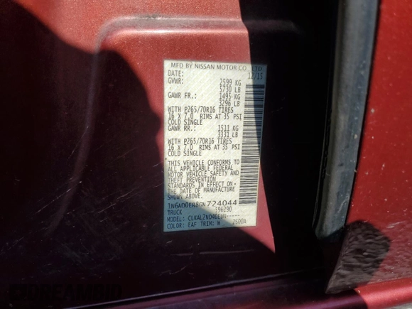 2016 Nissan Frontier S with VIN 1N6AD0ER8GN724044, listed as a Copart auction lot 62060665 with 172,995 mi miles and Salvage title. Bid and sale history available at DreamBid. Image 13.