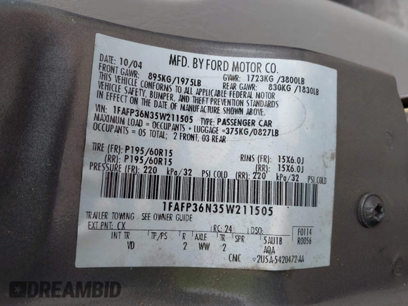 2005 Ford Focus SE with VIN 1FAFP36N35W211505, listed as a IAAI auction lot 42087016 with 256,413 mi miles and . Bid and sale history available at carsss.com. Image 9.