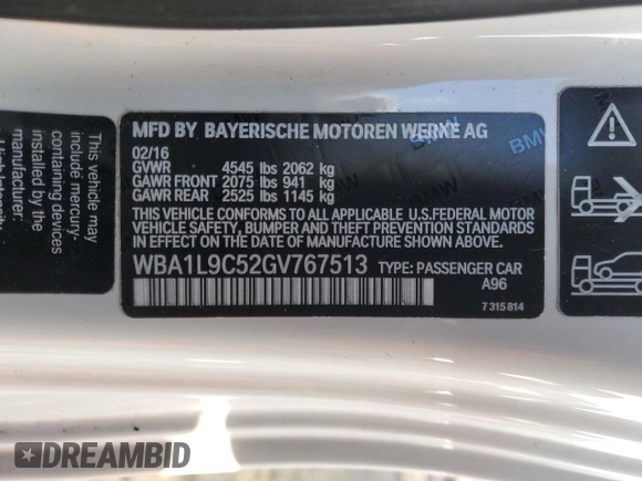2016 BMW 2 Series 228i xDrive with VIN WBA1L9C52GV767513, listed as a Copart auction lot 43333875 with 46,779 mi miles and Salvage Title. Bid and sale history available at carsss.com. Image 12.