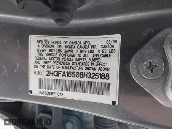 2008 Honda Civic LX with VIN 2HGFA16508H325188, listed as a IAAI auction lot 42277014 with 223,849 mi miles and . Bid and sale history available at DreamBid. Image 9.