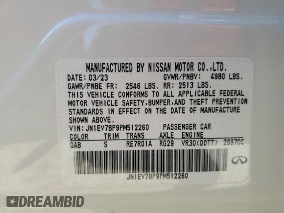 2023 Infiniti Q50 Luxe with VIN JN1EV7BP9PM512260, listed as a Copart auction lot 52326655 with Not provided miles and Salvage title. Bid and sale history available at DreamBid. Image 13.
