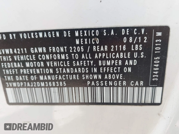 2013 Volkswagen Jetta SE with VIN 3VWDP7AJ2DM368385, listed as a IAAI auction lot 42144936 with 105,621 mi miles and . Bid and sale history available at DreamBid. Image 9.