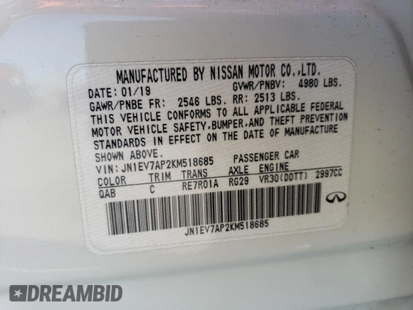 2019 Infiniti Q50 3.0t LUXE with VIN JN1EV7AP2KM518685, listed as a Copart auction lot 43087555 with 38,486 mi miles and Salvage Title. Bid and sale history available at carsss.com. Image 14.
