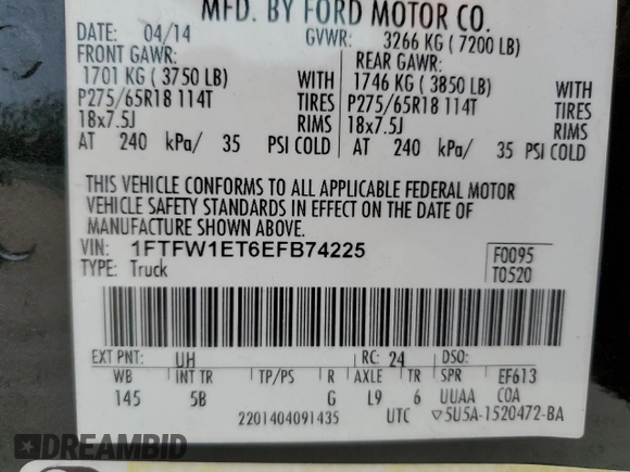 2014 Ford F-150 XL with VIN 1FTFW1ET6EFB74225, listed as a Copart auction lot 58297435 with 111,040 mi miles and Salvage title. Bid and sale history available at DreamBid. Image 12.