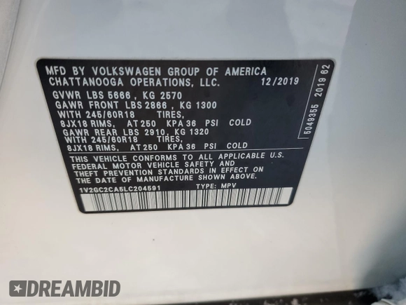 2020 Volkswagen Atlas S с VIN 1V2GC2CA5LC204591, выставлен на аукционе Copart как лот 89321625 с пробегом 72 639 миль миль и Списание • Salvage title. История ставок и продаж доступна на DreamBid. Изображение 14.