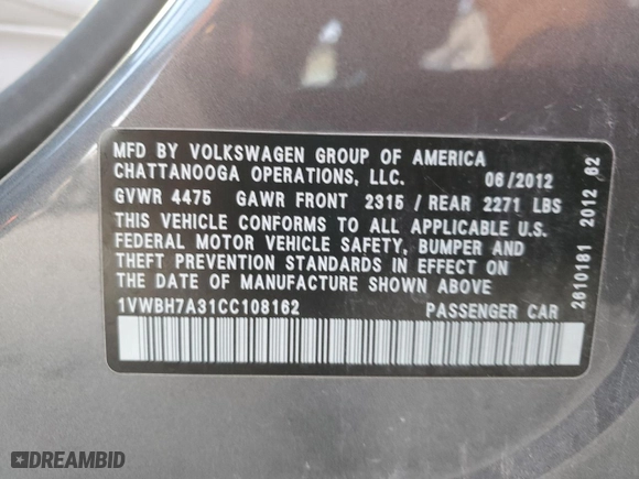 2012 Volkswagen Passat SE with VIN 1VWBH7A31CC108162, listed as a Copart auction lot 49001885 with 104,309 mi miles and Salvage Title. Bid and sale history available at carsss.com. Image 12.