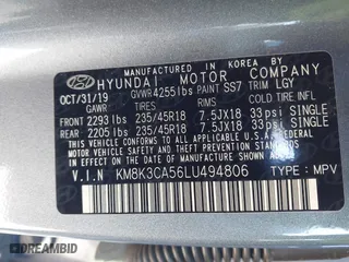 2020 Hyundai Kona Limited with VIN KM8K3CA56LU494806, listed as a IAAI auction lot 41747268 with 45,061 mi miles. Bid and sale history available at carsss.com. Image 9.