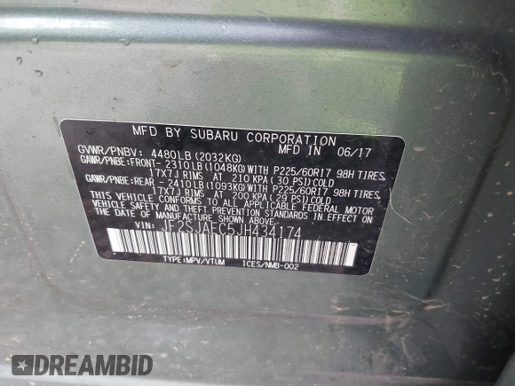 2018 Subaru Forester Premium with VIN JF2SJAEC5JH434174, listed as a IAAI auction lot 42106434 with 79,656 mi miles and . Bid and sale history available at DreamBid. Image 9.