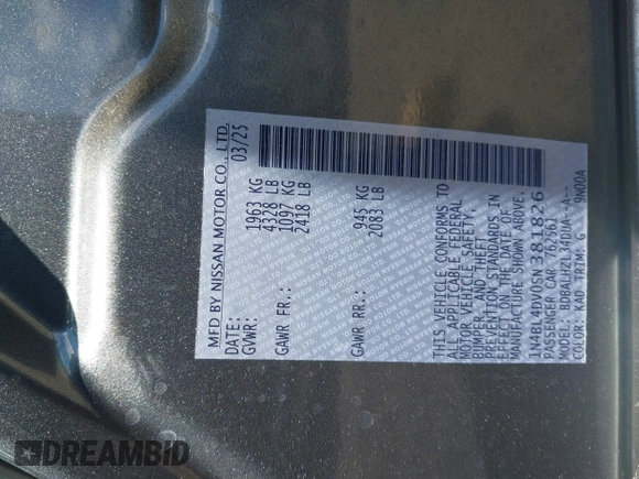 2025 Nissan Altima SV with VIN 1N4BL4DV0SN381826, listed as a IAAI auction lot 42201363 with 2,071 mi miles and . Bid and sale history available at DreamBid. Image 9.