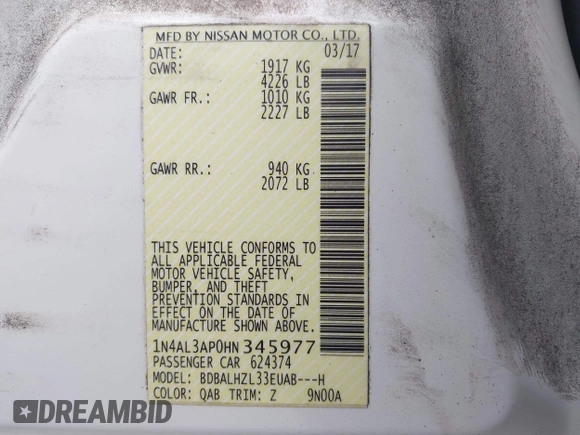 2017 Nissan Altima SR with VIN 1N4AL3AP0HN345977, listed as a IAAI auction lot 41937530 with 121,292 mi miles and . Bid and sale history available at carsss.com. Image 9.