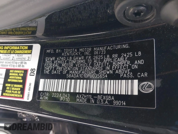 2023 Lexus ES with VIN 58ADA1C10PU035654, listed as a IAAI auction lot 41808924 with 40,929 mi miles. Bid and sale history available at carsss.com. Image 9.