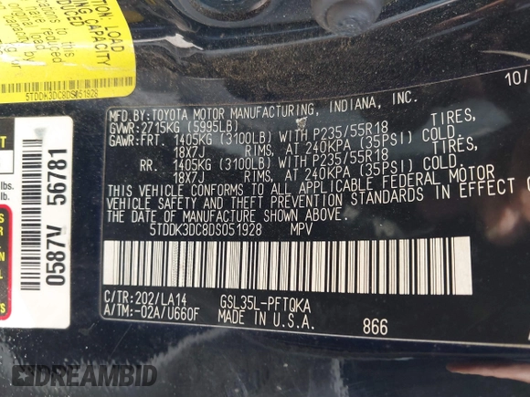 2013 Toyota Sienna XLE with VIN 5TDDK3DC8DS051928, listed as a IAAI auction lot 41857402 with 175,839 mi miles and . Bid and sale history available at DreamBid. Image 9.
