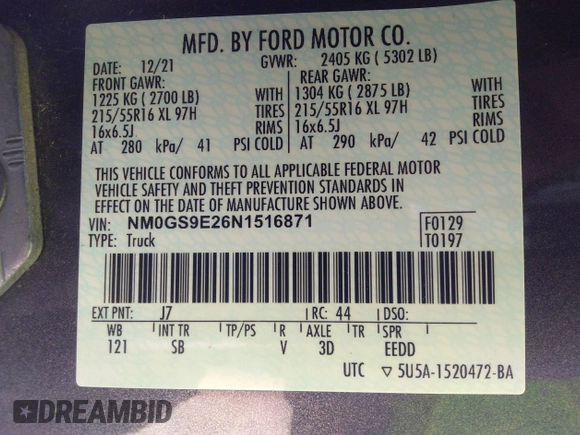 2022 Ford Transit Connect XL with VIN NM0GS9E26N1516871, listed as a IAAI auction lot 42600322 with 130,101 mi miles and . Bid and sale history available at DreamBid. Image 9.