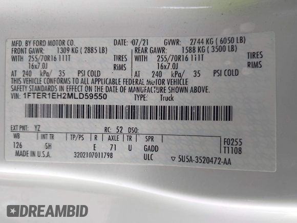 2021 Ford Ranger XL with VIN 1FTER1EH2MLD59550, listed as a IAAI auction lot 42049898 with 95,265 mi miles and . Bid and sale history available at DreamBid. Image 9.