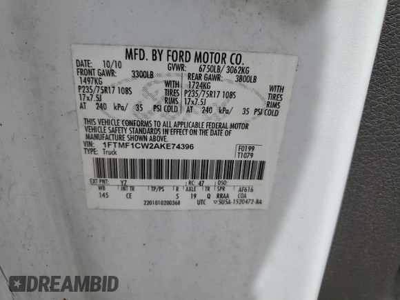 2010 Ford F-150 XL with VIN 1FTMF1CW2AKE74396, listed as a Copart auction lot 55518535 with 200,140 mi miles and Salvage title. Bid and sale history available at DreamBid. Image 13.
