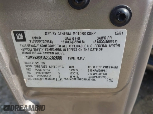 2002 GMC Yukon Denali z VIN 1GKEK63U52J202688, wystawiony jako IAAI lot #41778920 z przebiegiem 354 202 mil mil oraz . Historia ofert i sprzedaży dostępna na DreamBid. Obrazek 9.
