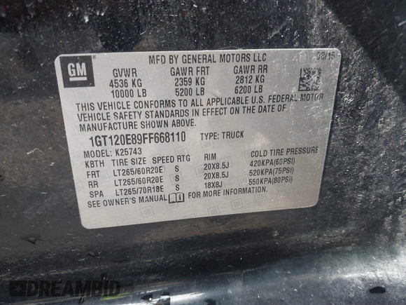 2015 GMC Sierra 2500HD available WiFi Denali with VIN 1GT120E89FF668110, listed as a IAAI auction lot 41805520 with 1 mi miles. Bid and sale history available at carsss.com. Image 9.