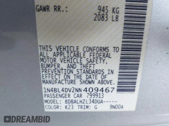 2022 Nissan Altima SV с VIN 1N4BL4DV2NN409467, выставлен на аукционе IAAI как лот 42581251 с пробегом 66 288 миль миль и . История ставок и продаж доступна на DreamBid. Изображение 9.