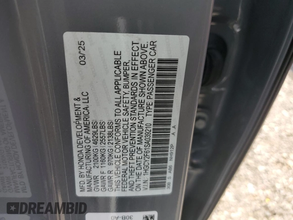 2025 Honda Accord EX-L with VIN 1HGCY2F61SA039210, listed as a Copart auction lot 55132285 with 1,977 mi miles and Salvage title. Bid and sale history available at DreamBid. Image 12.