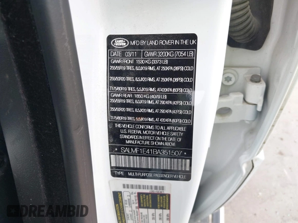 2011 Land Rover Range Rover SC with VIN SALMF1E41BA351507, listed as a IAAI auction lot 42311410 with 149,162 mi miles and . Bid and sale history available at DreamBid. Image 9.