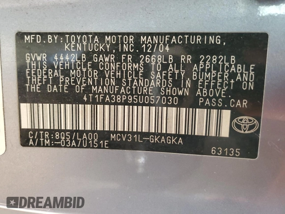 2005 Toyota Solara SE z VIN 4T1FA38P95U057030, wystawiony jako Copart lot #41839995 z przebiegiem 236 448 mil mil oraz Szkoda całkowita • Salvage title. Historia ofert i sprzedaży dostępna na DreamBid. Obrazek 14.