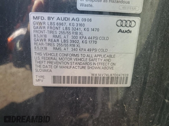 2007 Audi Q7 with VIN WA1AV74L97D047639, listed as a Copart auction lot 58095115 with 143,789 mi miles and Clean title. Bid and sale history available at DreamBid. Image 13.