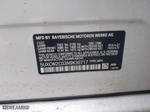 2022 BMW X7 xDrive40i with VIN 5UXCW2C03N9K30717, listed as a IAAI auction lot 41729944 with 47,997 mi miles. Bid and sale history available at carsss.com. Image 9.