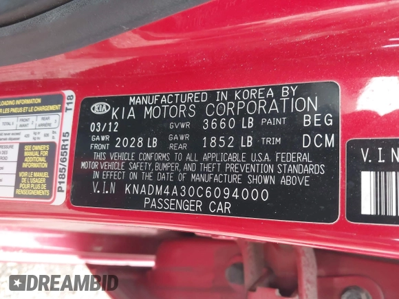 2012 Kia Rio LX with VIN KNADM4A30C6094000, listed as a IAAI auction lot 42059778 with 127,957 mi miles. Bid and sale history available at carsss.com. Image 9.