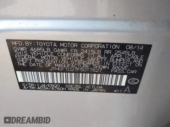 2015 Lexus IS 250 z VIN JTHCF1D27F5017627, wystawiony jako IAAI lot #41797055 z przebiegiem 68 700 mil mil oraz . Historia ofert i sprzedaży dostępna na DreamBid. Obrazek 9.