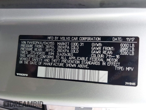 2018 Volvo XC90 Momentum with VIN YV4102PKXJ1343155, listed as a IAAI auction lot 41493054 with 73,243 mi miles. Bid and sale history available at carsss.com. Image 9.