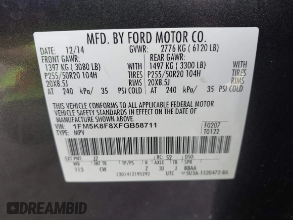 2015 Ford Explorer Limited z VIN 1FM5K8F8XFGB58711, wystawiony jako IAAI lot #41920555 z przebiegiem 129 323 mil mil oraz . Historia ofert i sprzedaży dostępna na DreamBid. Obrazek 9.