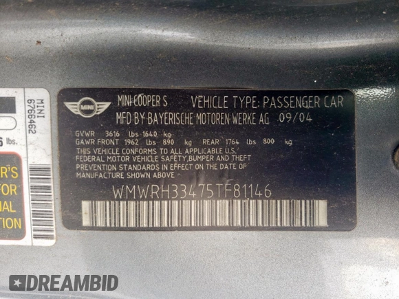 2005 MINI Convertible S z VIN WMWRH33475TF81146, wystawiony jako Copart lot #58586245 z przebiegiem Nie podano mil oraz Szkoda całkowita • Salvage title. Historia ofert i sprzedaży dostępna na DreamBid. Obrazek 12.