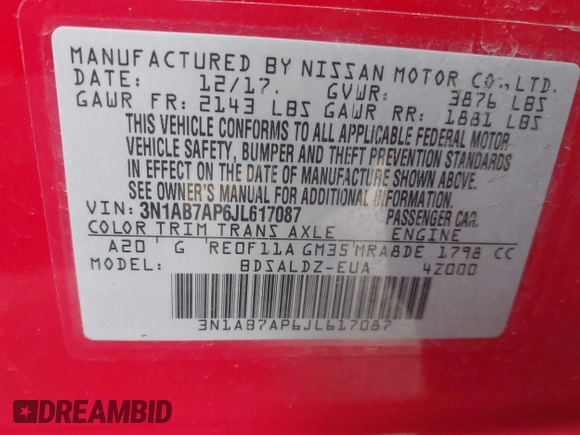 2018 Nissan Sentra SV with VIN 3N1AB7AP6JL617087, listed as a IAAI auction lot 41702341 with 59,310 mi miles and . Bid and sale history available at DreamBid. Image 9.