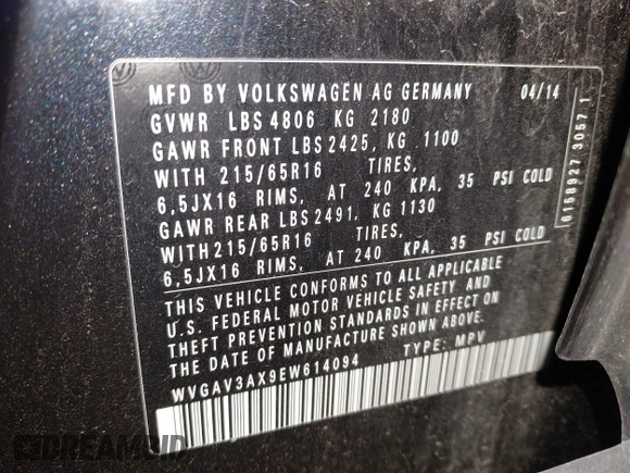 2014 Volkswagen Tiguan SE z VIN WVGAV3AX9EW614094, wystawiony jako IAAI lot #42350601 z przebiegiem 128 996 mil mil oraz . Historia ofert i sprzedaży dostępna na DreamBid. Obrazek 9.