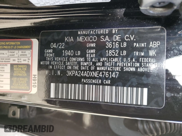 2022 Kia Rio LX with VIN 3KPA24ADXNE476147, listed as a Copart auction lot 87898405 with 15,763 mi miles and Salvage Title. Bid and sale history available at carsss.com. Image 12.