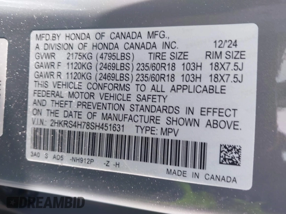 2025 Honda CR-V EX-L with VIN 2HKRS4H78SH451631, listed as a IAAI auction lot 41403100 with 2,030 mi miles and . Bid and sale history available at DreamBid. Image 9.
