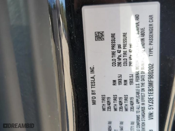 2021 Tesla Model 3 Long Range with VIN 5YJ3E1EB3MF980202, listed as a Copart auction lot 49261385 with NaN miles and Salvage Title. Bid and sale history available at carsss.com. Image 13.