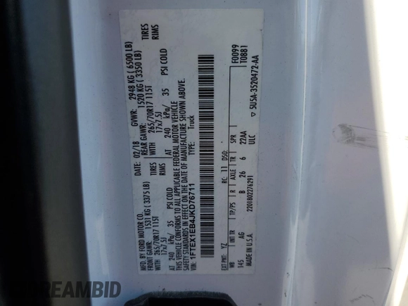2018 Ford F-150 XL with VIN 1FTEX1EB4JKD76711, listed as a Copart auction lot 57730345 with 187,502 mi miles and Clean title. Bid and sale history available at DreamBid. Image 12.