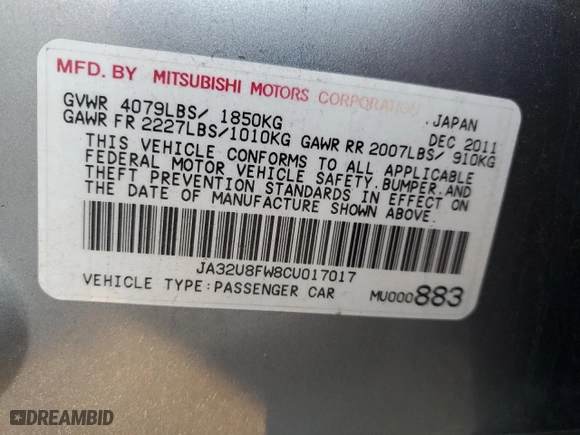 2012 Mitsubishi Lancer GT with VIN JA32U8FW8CU017017, listed as a Copart auction lot 41700815 with 132836 miles and Salvage Title. Bid and sale history available at carsss.com. Image 12.