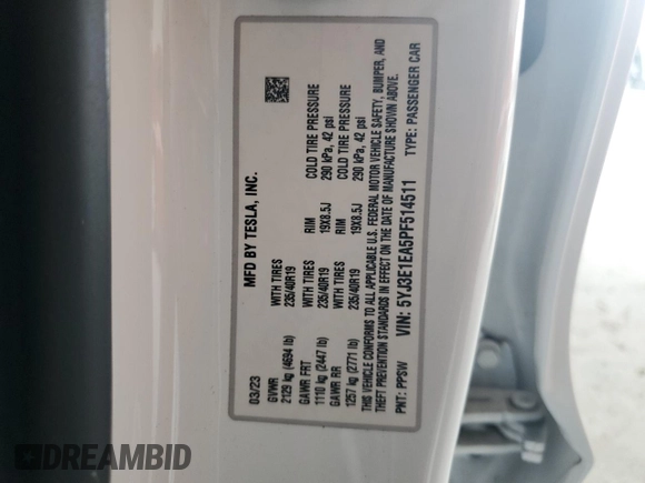2023 Tesla Model 3 с VIN 5YJ3E1EA5PF514511, выставлен на аукционе Copart как лот 56653775 с пробегом Не указан миль и Списание • Salvage title. История ставок и продаж доступна на DreamBid. Изображение 12.
