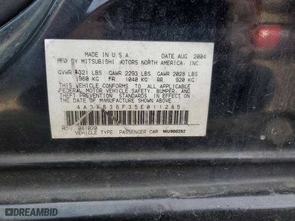 2005 Mitsubishi Galant ES with VIN 4A3AB36F35E011285, listed as a Copart auction lot 85284214 with 127,839 mi miles and Salvage Title. Bid and sale history available at carsss.com. Image 12.
