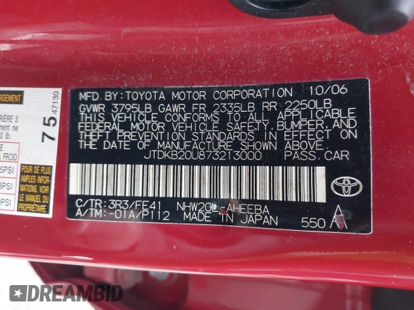 2007 Toyota Prius with VIN JTDKB20U873213000, listed as a IAAI auction lot 41765489 with 108,178 mi miles. Bid and sale history available at carsss.com. Image 9.