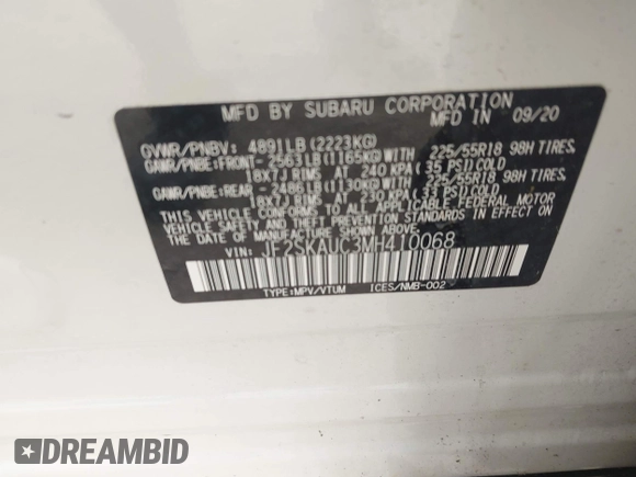 2021 Subaru Forester Limited с VIN JF2SKAUC3MH410068, выставлен на аукционе IAAI как лот 42474203 с пробегом 26 210 миль миль и . История ставок и продаж доступна на DreamBid. Изображение 9.