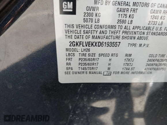 2013 GMC Terrain SLT z VIN 2GKFLVEKXD6193557, wystawiony jako IAAI lot #42670895 z przebiegiem 169 041 mil mil oraz . Historia ofert i sprzedaży dostępna na DreamBid. Obrazek 9.