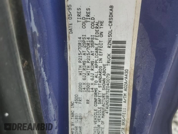 1995 Toyota Tacoma with VIN 4TAUN53B7SZ040079, listed as a Copart auction lot 44566995 with 451,368 mi miles and Salvage title. Bid and sale history available at DreamBid. Image 12.