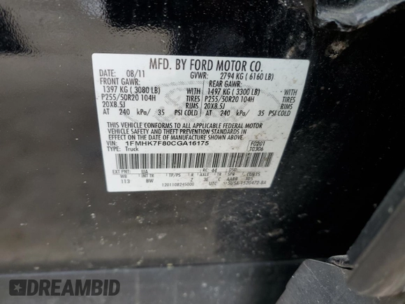 2012 Ford Explorer Limited with VIN 1FMHK7F80CGA16175, listed as a Copart auction lot 54717604 with 173,144 mi miles and Salvage Title. Bid and sale history available at carsss.com. Image 13.