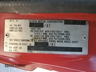 1987 Toyota Pickup с VIN JT4RN70D2H0048566, выставлен на аукционе Copart как лот 52362085 с пробегом 252 452 миль миль и Чистый • Clean title. История ставок и продаж доступна на DreamBid. Изображение 12.