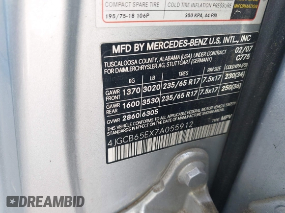 2007 Mercedes-Benz R 3.5L with VIN 4JGCB65EX7A055912, listed as a IAAI auction lot 42477553 with 193,144 mi miles and . Bid and sale history available at DreamBid. Image 9.
