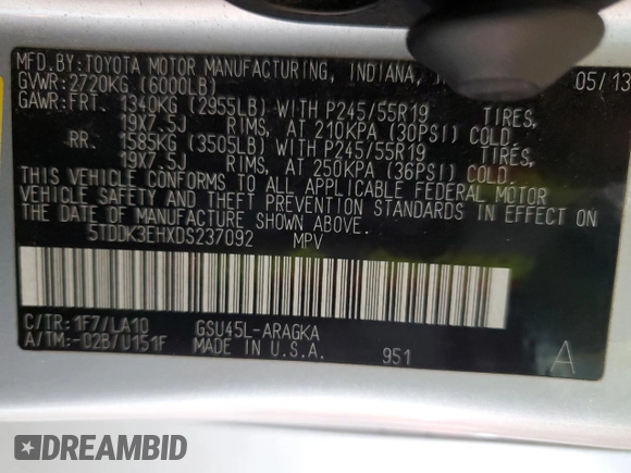 2013 Toyota Highlander Limited z VIN 5TDDK3EHXDS237092, wystawiony jako Copart lot #55887145 z przebiegiem 119 309 mil mil oraz Szkoda całkowita • Salvage title. Historia ofert i sprzedaży dostępna na DreamBid. Obrazek 13.