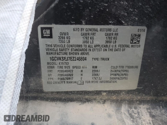 2014 Chevrolet Silverado 1500 LTZ with VIN 1GCVKSEJ7EZ246804, listed as a Copart auction lot 80270414 with 150,945 mi miles and Salvage Title. Bid and sale history available at DreamBid. Image 13.